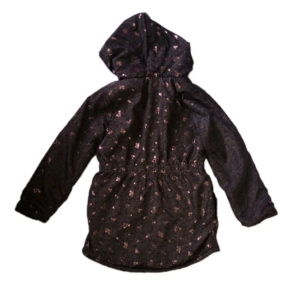 Penelope Mack Black Faux Fur Lined Hooded Coat sz 8 Girls Gold Floral Pattern